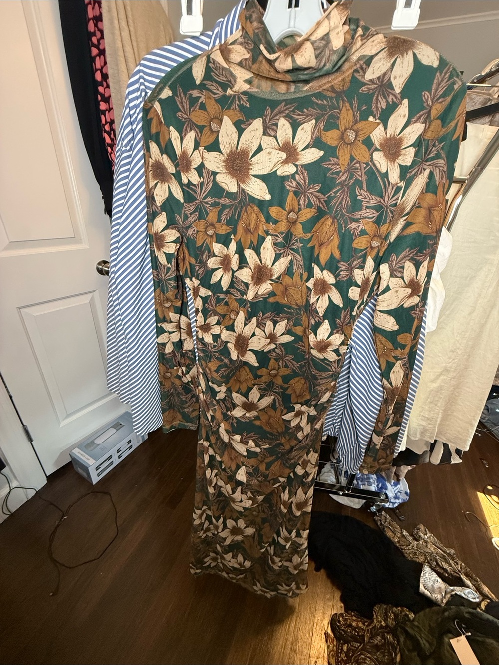 Element Green Floral Turtleneck Maxi Dress with Brown and Cream Blooms